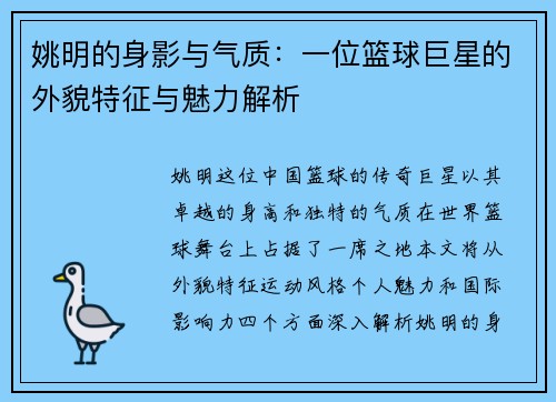 姚明的身影与气质：一位篮球巨星的外貌特征与魅力解析